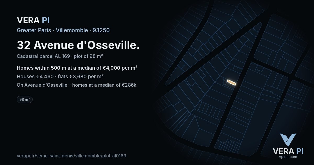 32 Avenue d'Osseville, Villemomble at night – the plot lit, the parcels around coloured by the prices near them