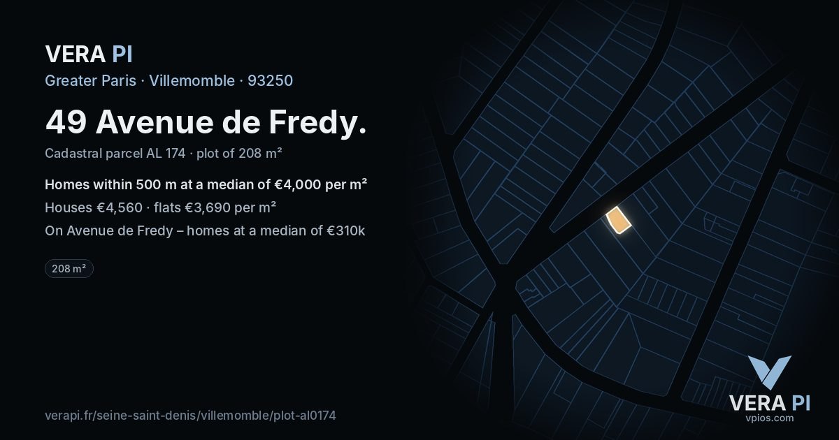 49 Avenue de Fredy, Villemomble at night – the plot lit, the parcels around coloured by the prices near them