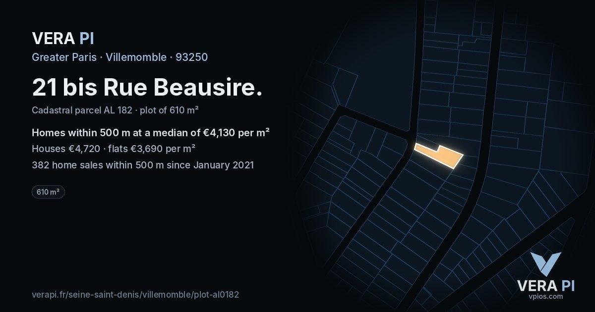 21 bis Rue Beausire, Villemomble at night – the plot lit, the parcels around coloured by the prices near them