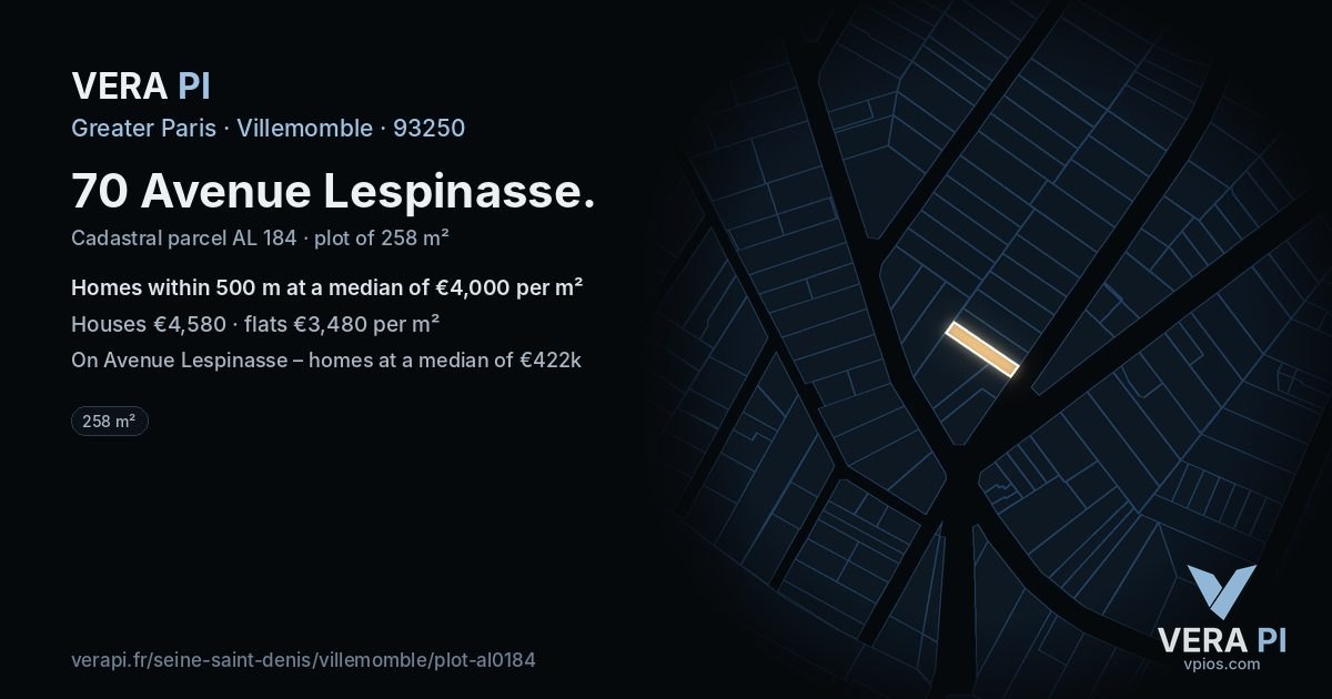 70 Avenue Lespinasse, Villemomble at night – the plot lit, the parcels around coloured by the prices near them