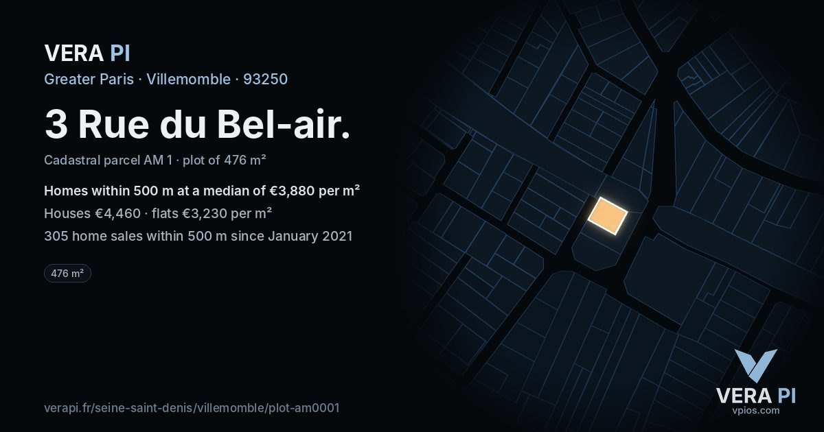 3 Rue du Bel-air, Villemomble at night – the plot lit, the parcels around coloured by the prices near them