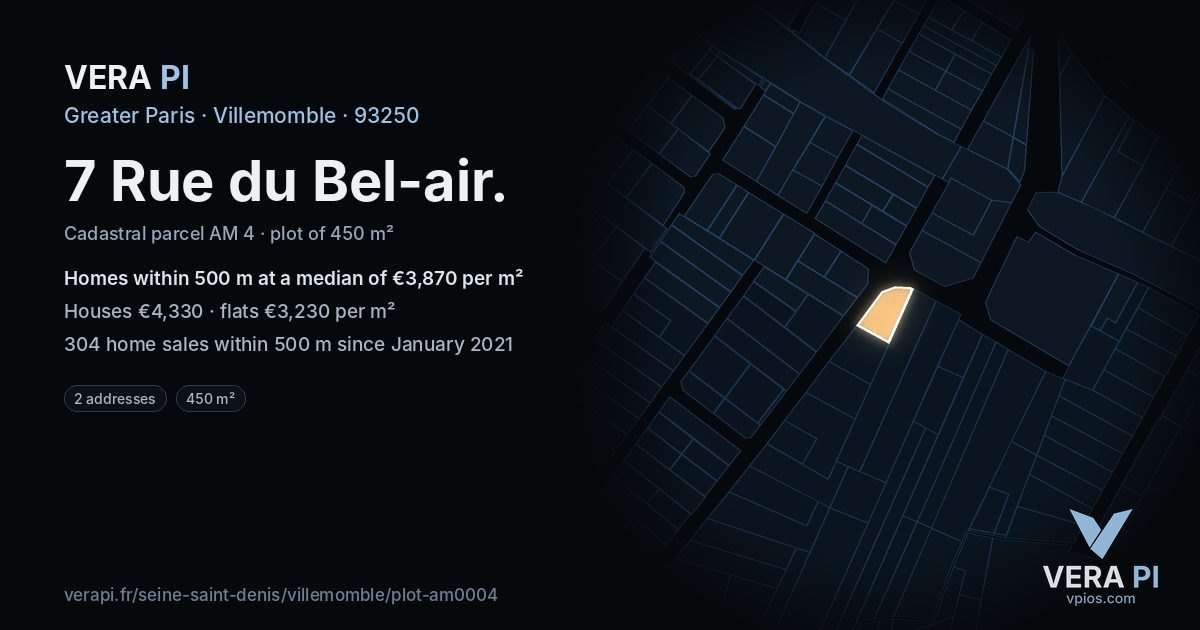 7 Rue du Bel-air, Villemomble at night – the plot lit, the parcels around coloured by the prices near them