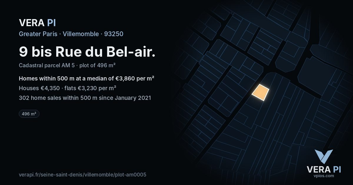 9 bis Rue du Bel-air, Villemomble at night – the plot lit, the parcels around coloured by the prices near them