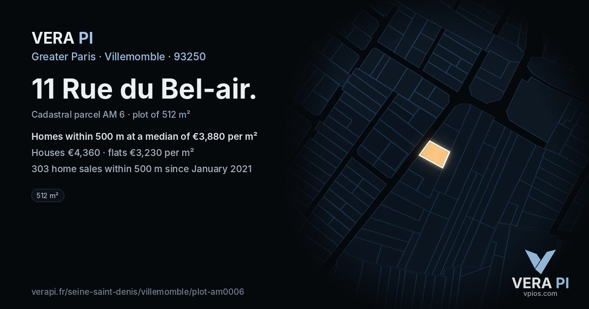 11 Rue du Bel-air, Villemomble at night – the plot lit, the parcels around coloured by the prices near them