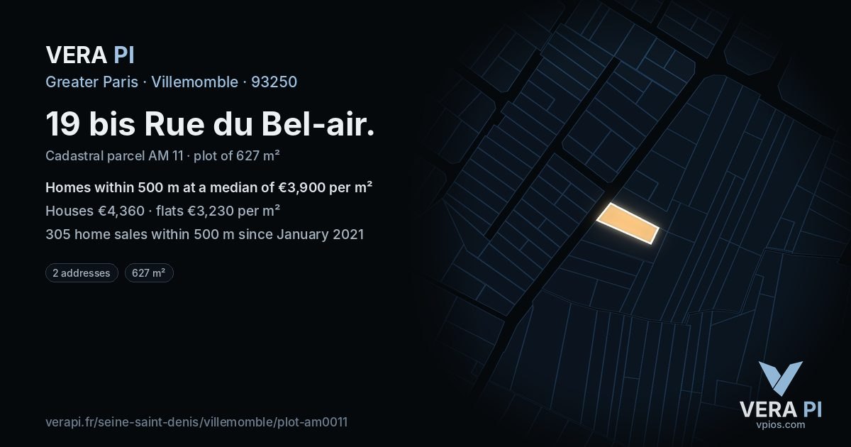 19 bis Rue du Bel-air, Villemomble at night – the plot lit, the parcels around coloured by the prices near them