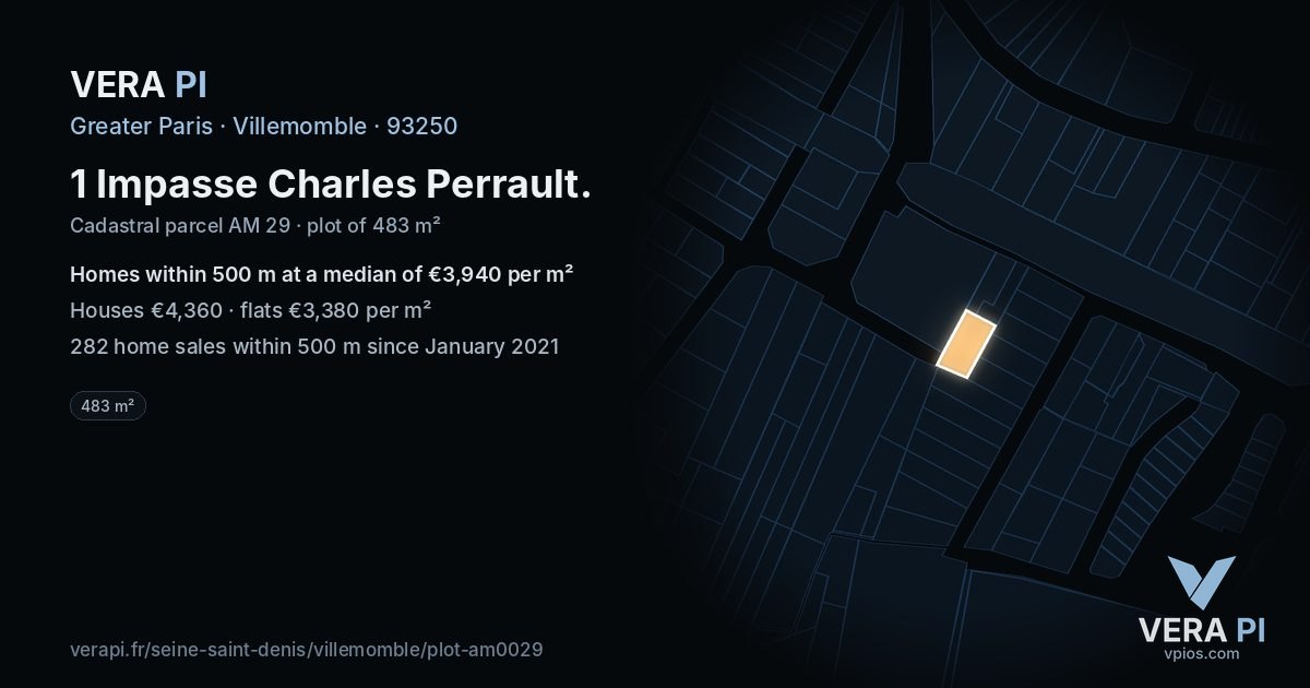 1 Impasse Charles Perrault, Villemomble at night – the plot lit, the parcels around coloured by the prices near them