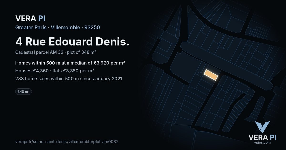 4 Rue Edouard Denis, Villemomble at night – the plot lit, the parcels around coloured by the prices near them