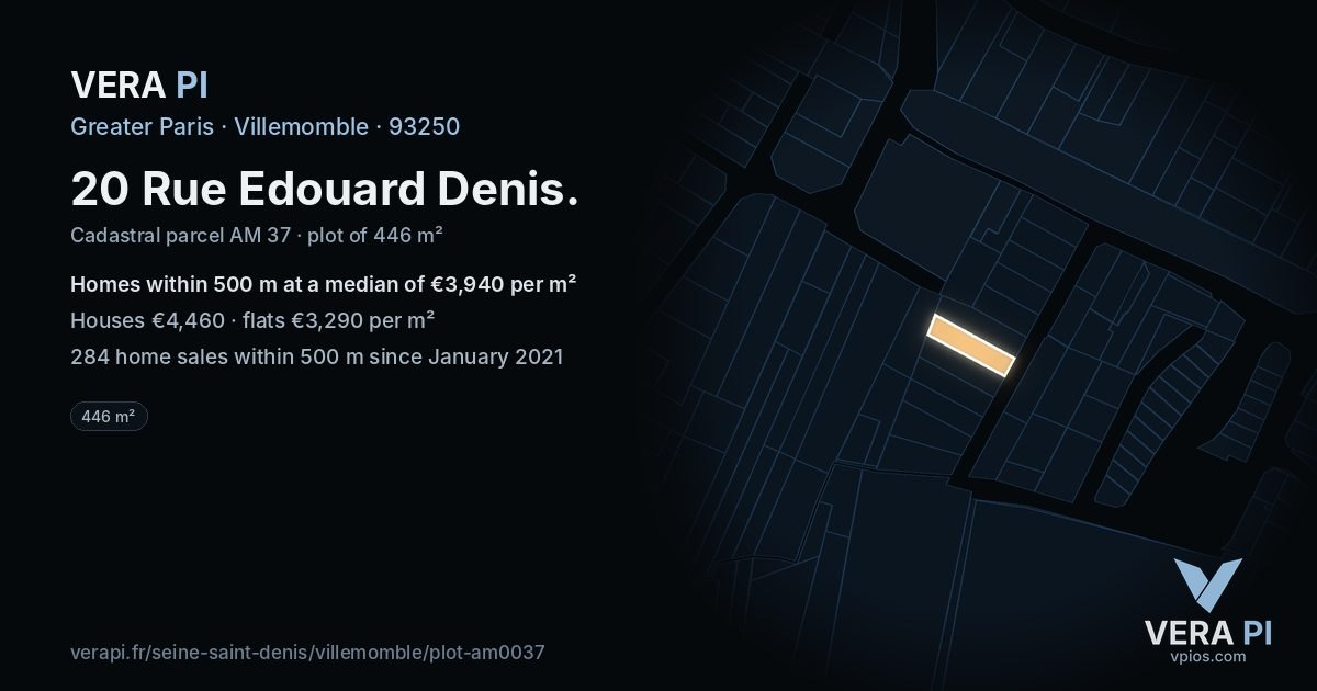 20 Rue Edouard Denis, Villemomble at night – the plot lit, the parcels around coloured by the prices near them