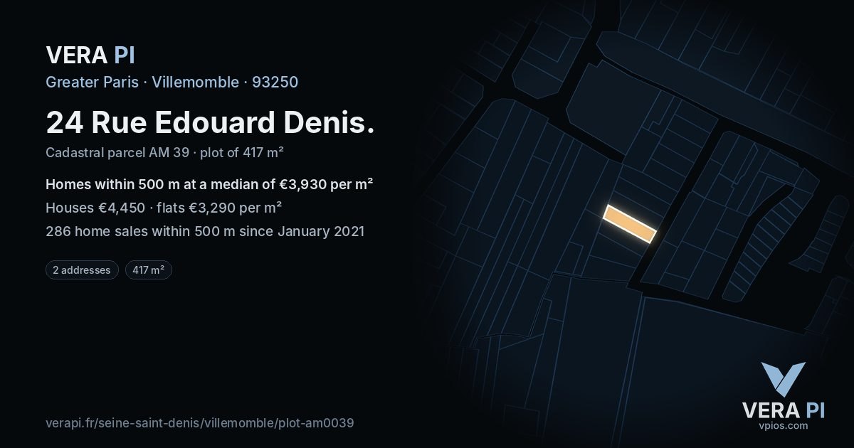 24 Rue Edouard Denis, Villemomble at night – the plot lit, the parcels around coloured by the prices near them