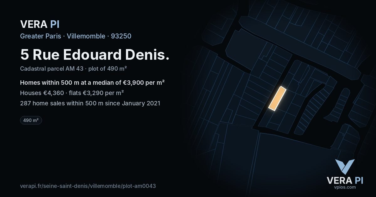 5 Rue Edouard Denis, Villemomble at night – the plot lit, the parcels around coloured by the prices near them