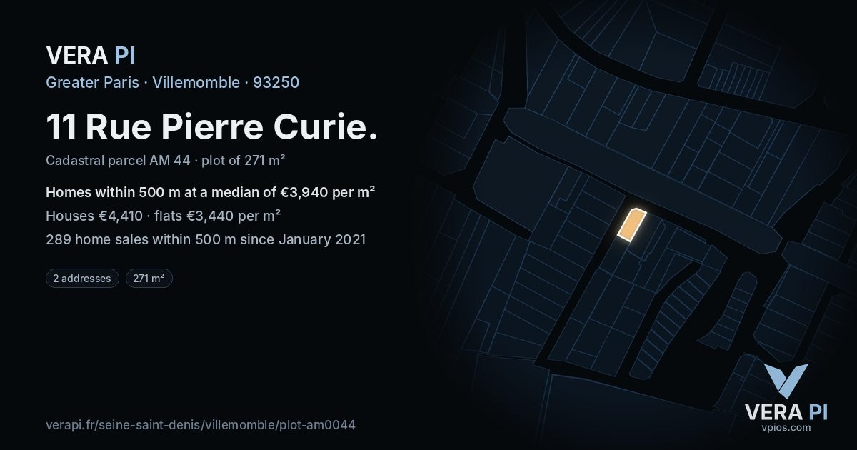 11 Rue Pierre Curie, Villemomble at night – the plot lit, the parcels around coloured by the prices near them