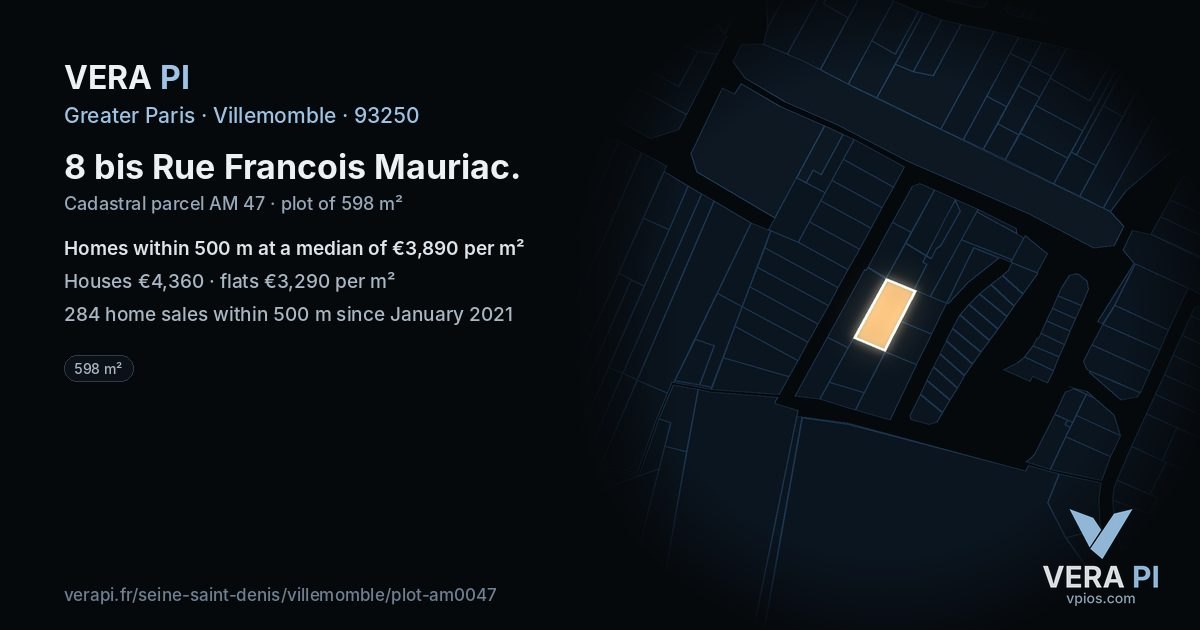 8 bis Rue Francois Mauriac, Villemomble at night – the plot lit, the parcels around coloured by the prices near them