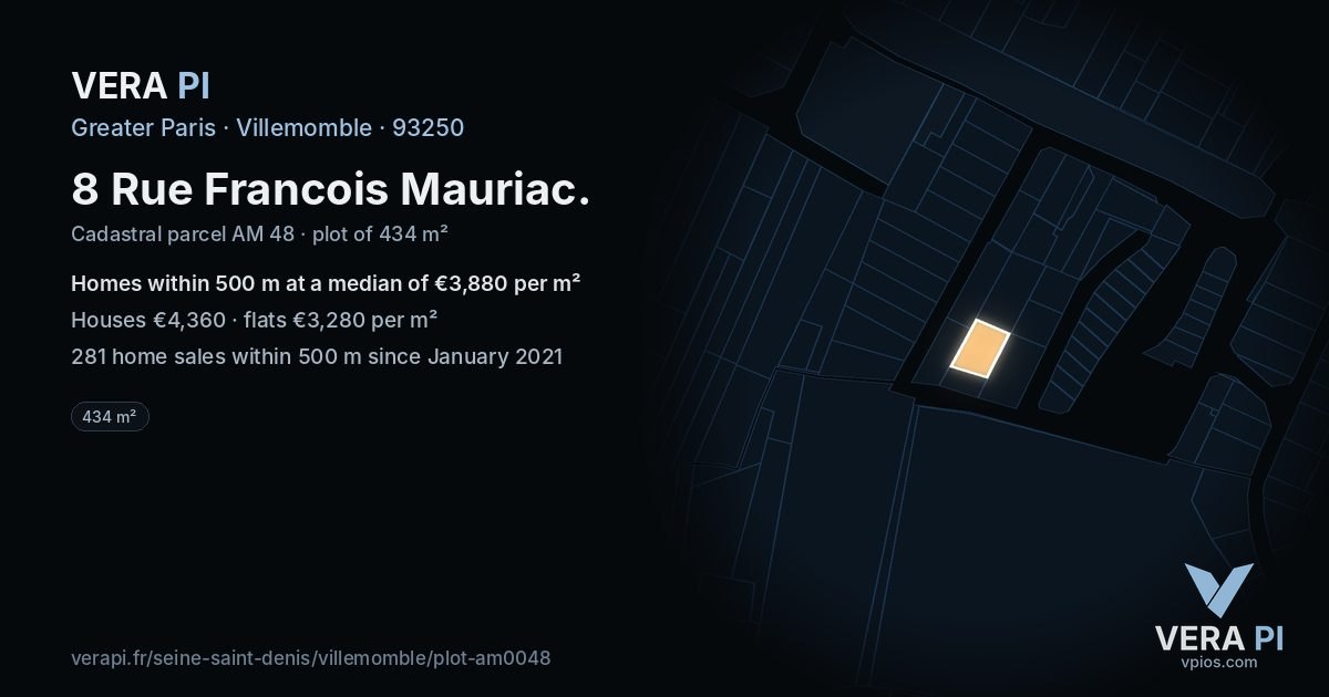 8 Rue Francois Mauriac, Villemomble at night – the plot lit, the parcels around coloured by the prices near them