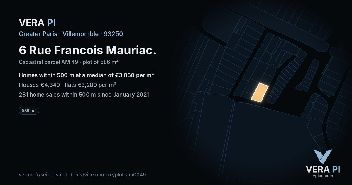 6 Rue Francois Mauriac, Villemomble at night – the plot lit, the parcels around coloured by the prices near them