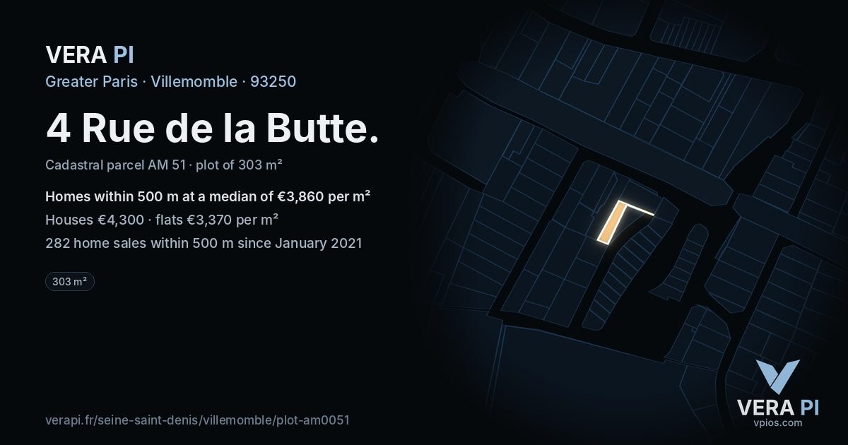 4 Rue de la Butte, Villemomble at night – the plot lit, the parcels around coloured by the prices near them