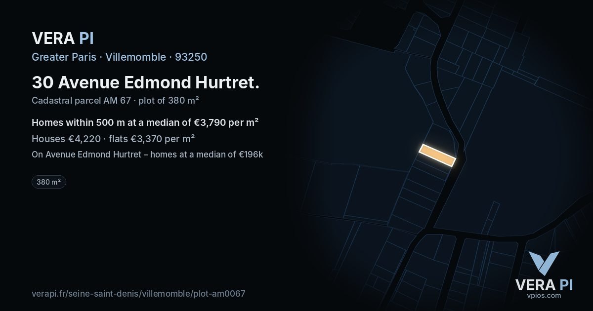 30 Avenue Edmond Hurtret, Villemomble at night – the plot lit, the parcels around coloured by the prices near them