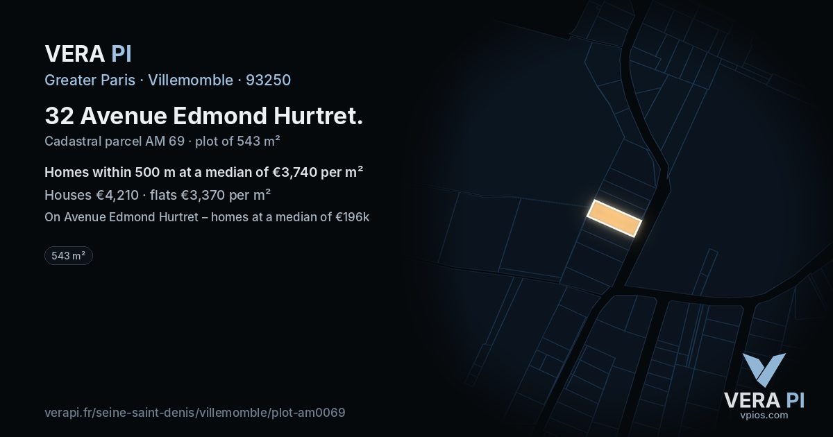 32 Avenue Edmond Hurtret, Villemomble at night – the plot lit, the parcels around coloured by the prices near them