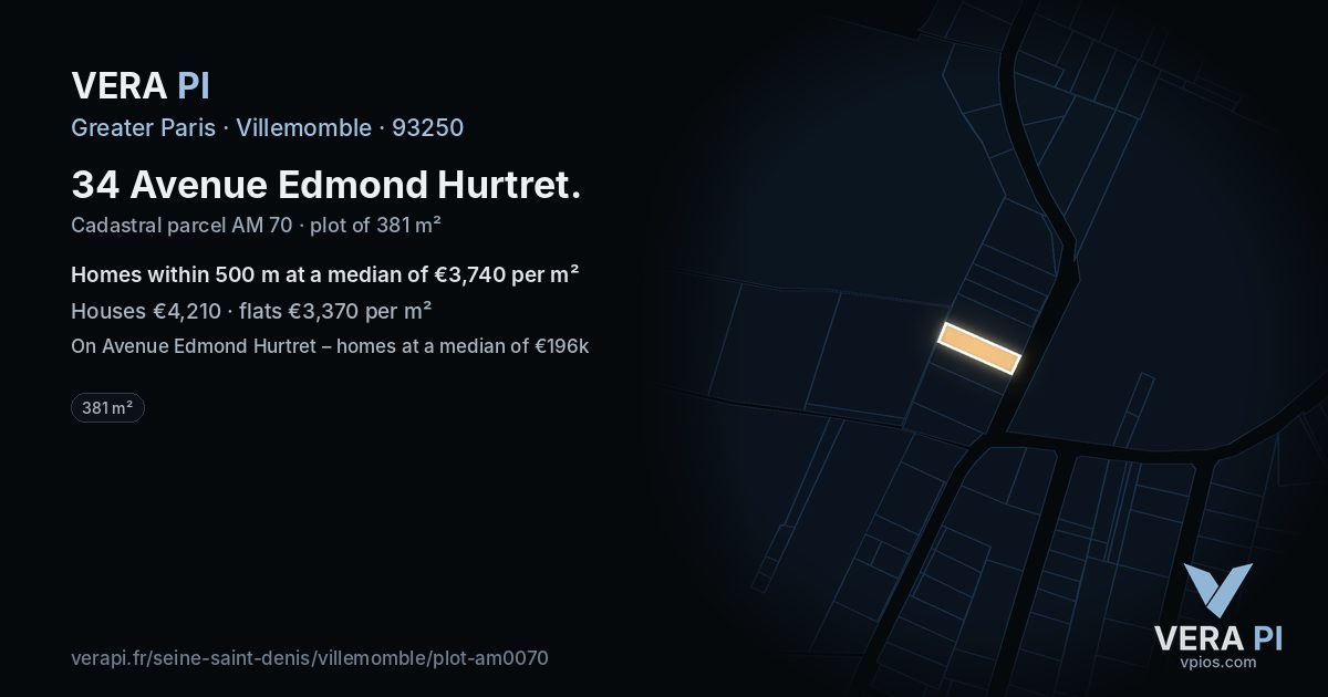34 Avenue Edmond Hurtret, Villemomble at night – the plot lit, the parcels around coloured by the prices near them