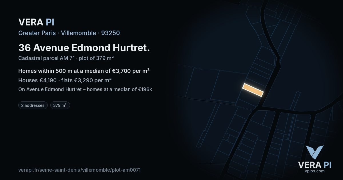 36 Avenue Edmond Hurtret, Villemomble at night – the plot lit, the parcels around coloured by the prices near them