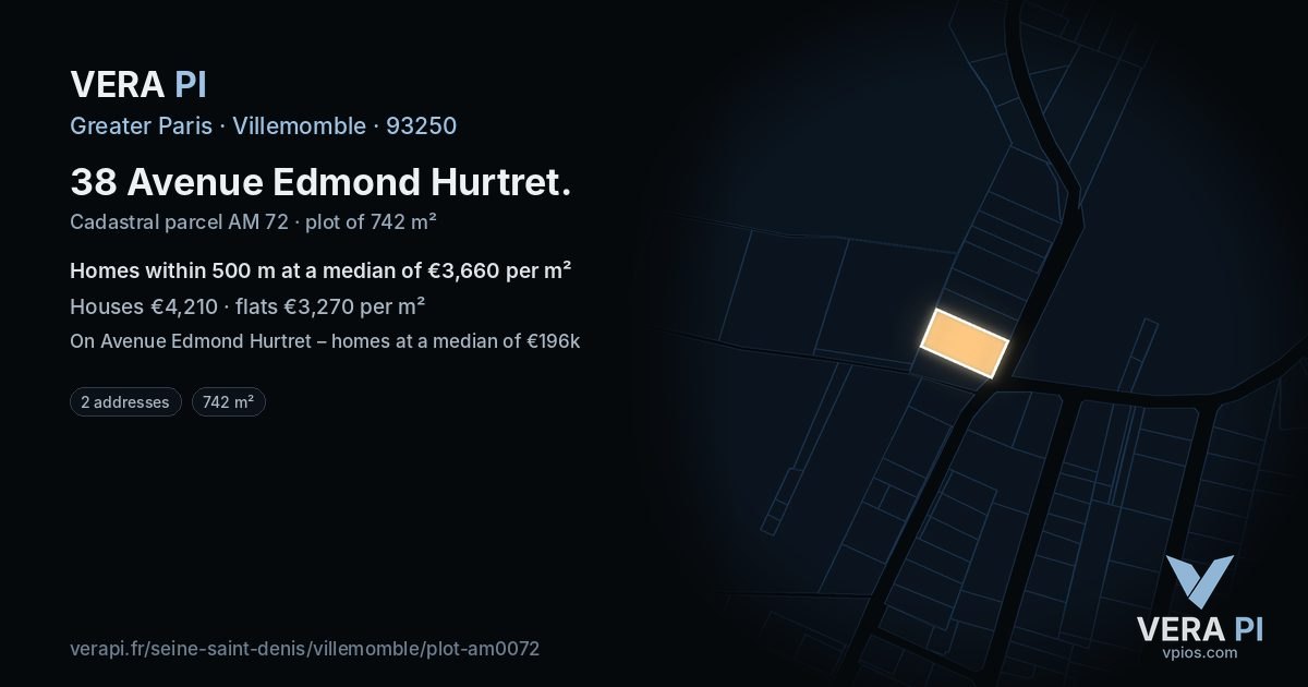 38 Avenue Edmond Hurtret, Villemomble at night – the plot lit, the parcels around coloured by the prices near them