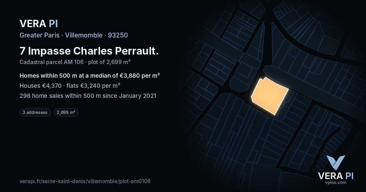 7 Impasse Charles Perrault, Villemomble at night – the plot lit, the parcels around coloured by the prices near them