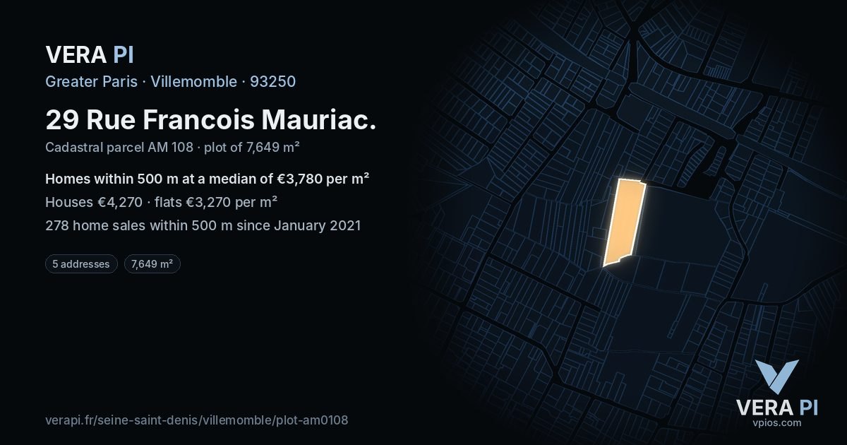 29 Rue Francois Mauriac, Villemomble at night – the plot lit, the parcels around coloured by the prices near them
