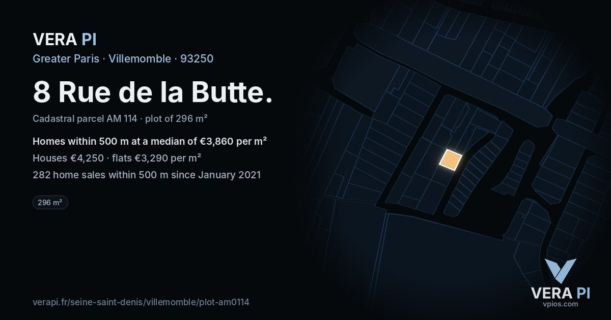 8 Rue de la Butte, Villemomble at night – the plot lit, the parcels around coloured by the prices near them