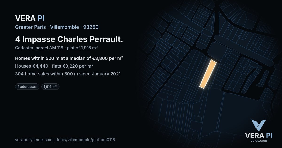4 Impasse Charles Perrault, Villemomble at night – the plot lit, the parcels around coloured by the prices near them