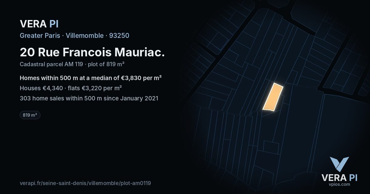20 Rue Francois Mauriac, Villemomble at night – the plot lit, the parcels around coloured by the prices near them