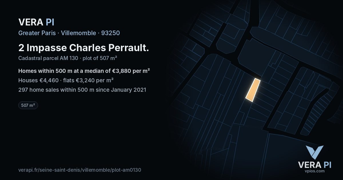 2 Impasse Charles Perrault, Villemomble at night – the plot lit, the parcels around coloured by the prices near them