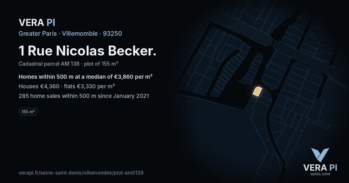 1 Rue Nicolas Becker, Villemomble at night – the plot lit, the parcels around coloured by the prices near them