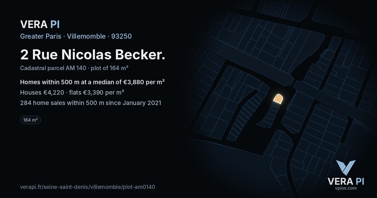 2 Rue Nicolas Becker, Villemomble at night – the plot lit, the parcels around coloured by the prices near them