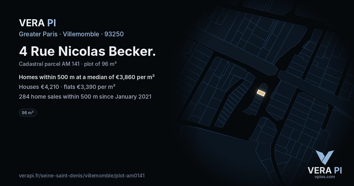 4 Rue Nicolas Becker, Villemomble at night – the plot lit, the parcels around coloured by the prices near them