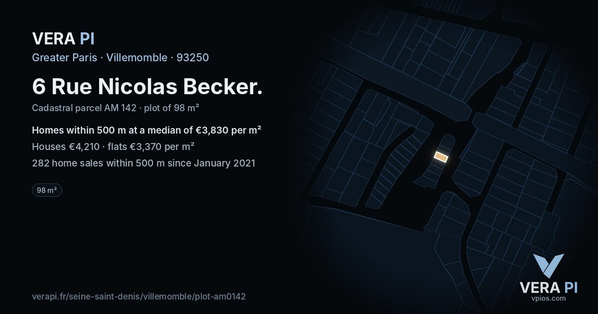 6 Rue Nicolas Becker, Villemomble at night – the plot lit, the parcels around coloured by the prices near them