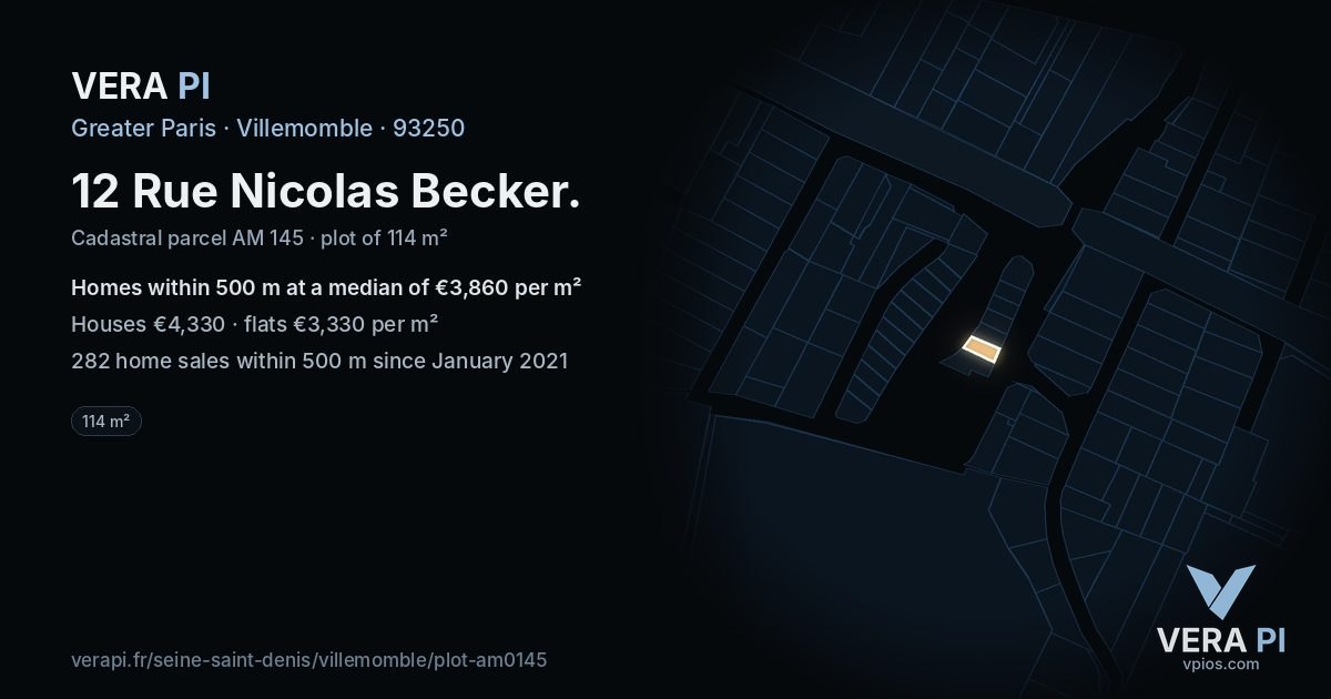 12 Rue Nicolas Becker, Villemomble at night – the plot lit, the parcels around coloured by the prices near them