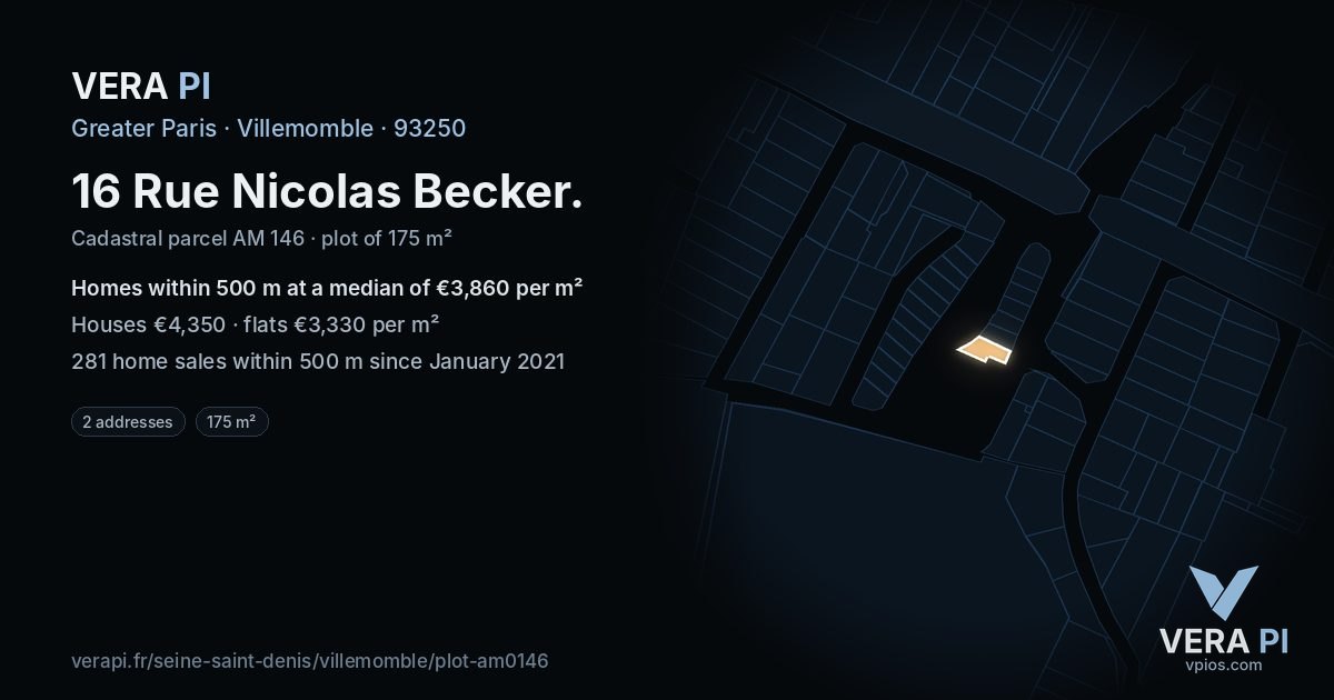 16 Rue Nicolas Becker, Villemomble at night – the plot lit, the parcels around coloured by the prices near them