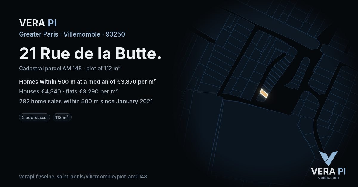 21 Rue de la Butte, Villemomble at night – the plot lit, the parcels around coloured by the prices near them