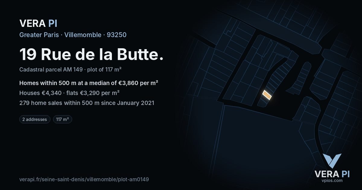19 Rue de la Butte, Villemomble at night – the plot lit, the parcels around coloured by the prices near them