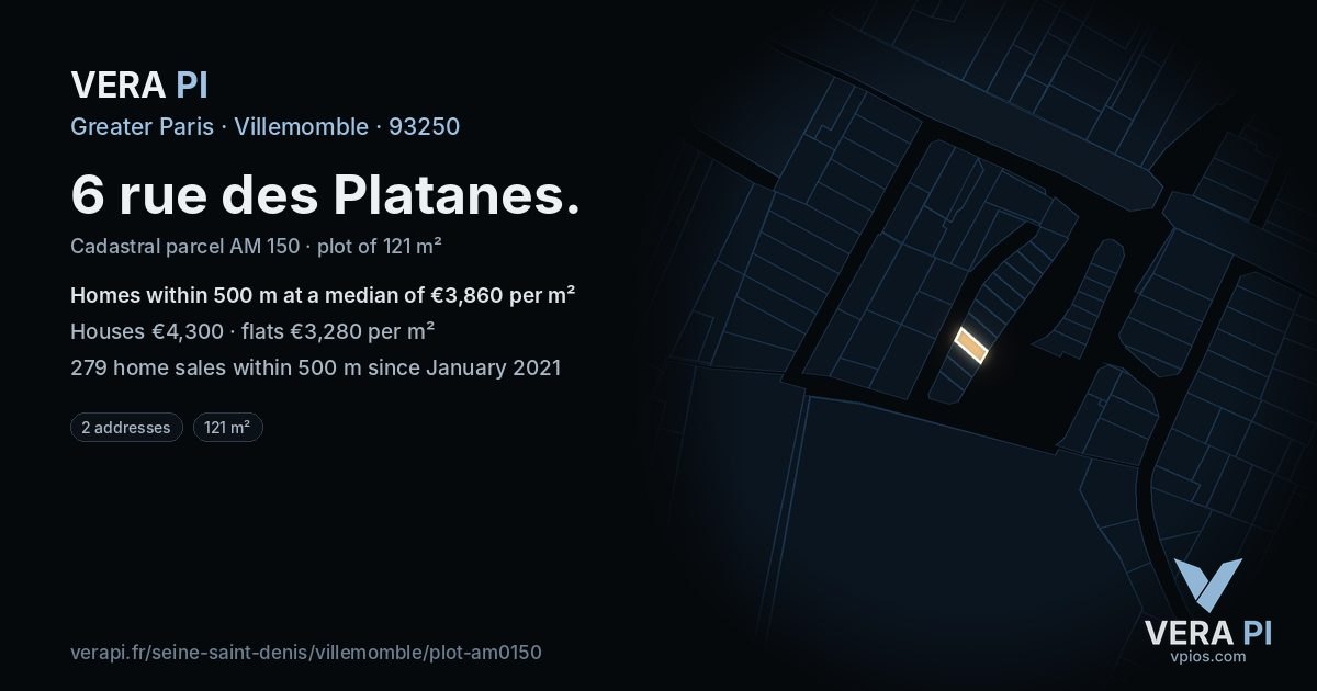 6 rue des Platanes, Villemomble at night – the plot lit, the parcels around coloured by the prices near them