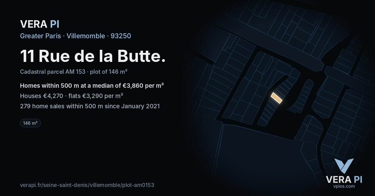 11 Rue de la Butte, Villemomble at night – the plot lit, the parcels around coloured by the prices near them