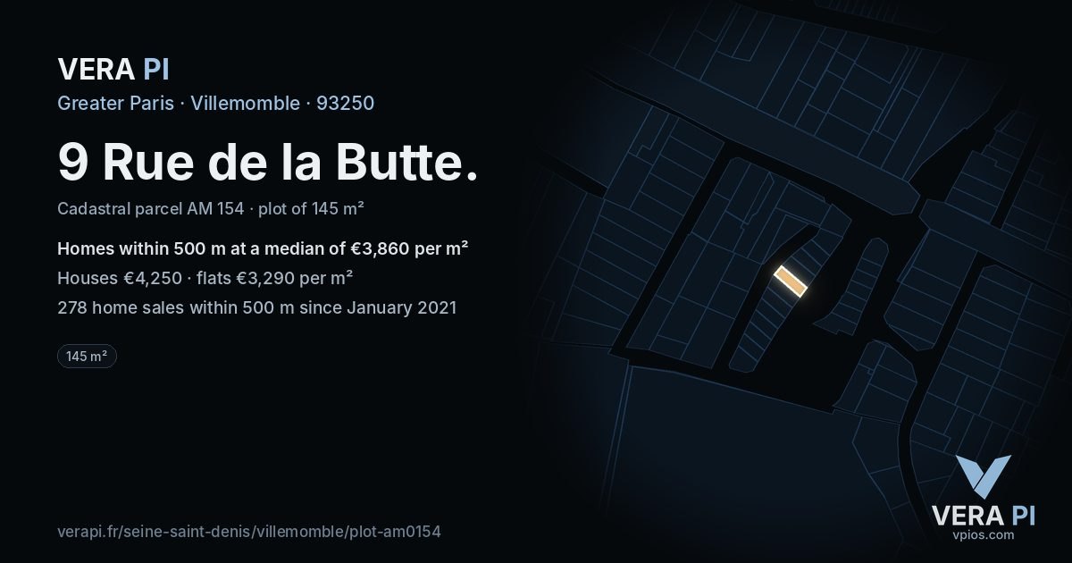 9 Rue de la Butte, Villemomble at night – the plot lit, the parcels around coloured by the prices near them