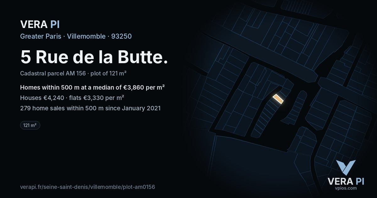 5 Rue de la Butte, Villemomble at night – the plot lit, the parcels around coloured by the prices near them