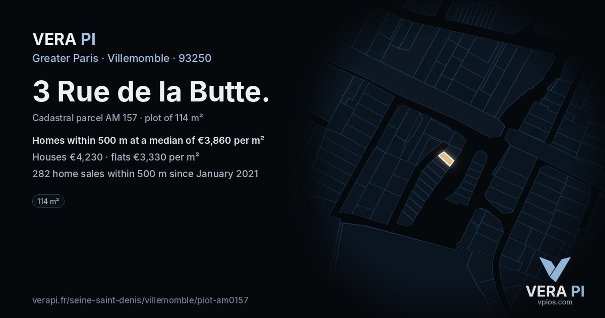3 Rue de la Butte, Villemomble at night – the plot lit, the parcels around coloured by the prices near them
