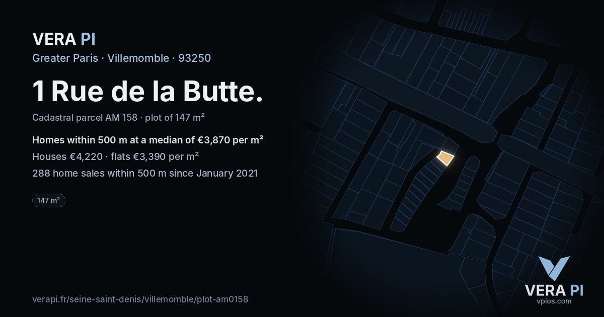 1 Rue de la Butte, Villemomble at night – the plot lit, the parcels around coloured by the prices near them