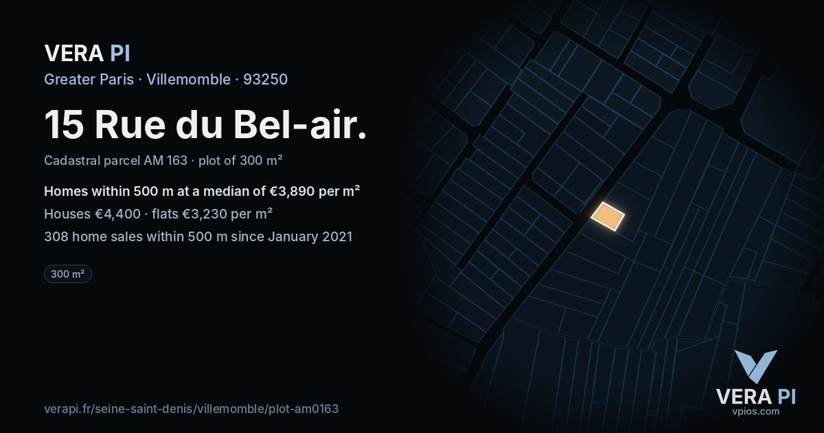 15 Rue du Bel-air, Villemomble at night – the plot lit, the parcels around coloured by the prices near them