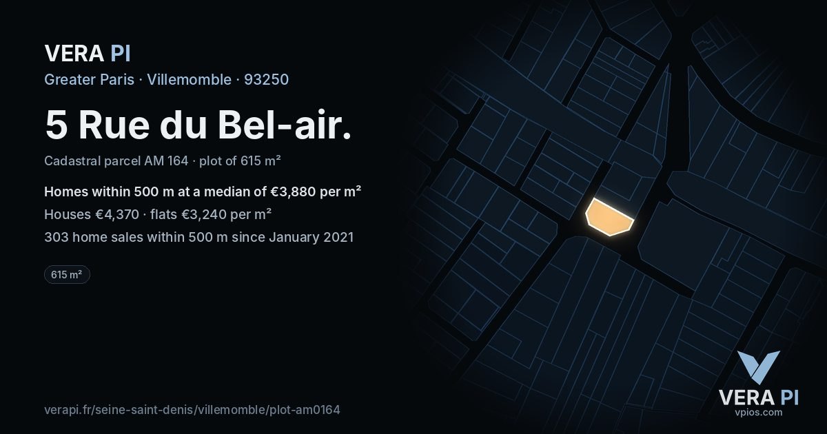 5 Rue du Bel-air, Villemomble at night – the plot lit, the parcels around coloured by the prices near them