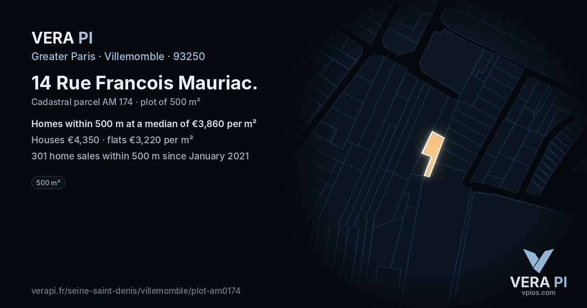 14 Rue Francois Mauriac, Villemomble at night – the plot lit, the parcels around coloured by the prices near them