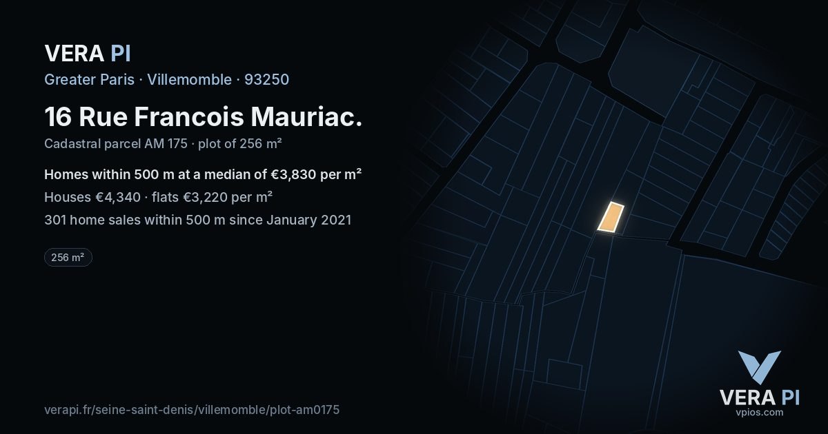 16 Rue Francois Mauriac, Villemomble at night – the plot lit, the parcels around coloured by the prices near them