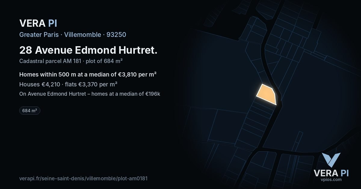 28 Avenue Edmond Hurtret, Villemomble at night – the plot lit, the parcels around coloured by the prices near them