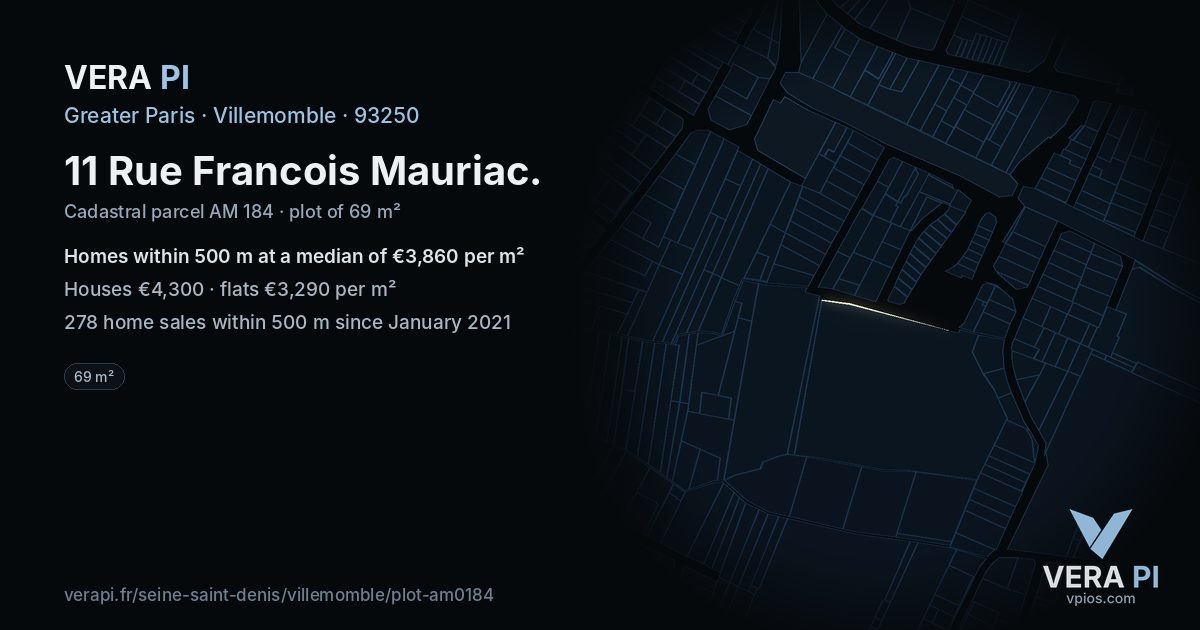 11 Rue Francois Mauriac, Villemomble at night – the plot lit, the parcels around coloured by the prices near them